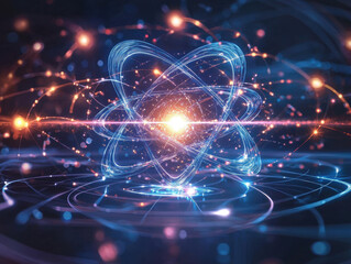 Obraz premium Explore a quantum superposition diagram showcasing entangled photons with dynamic waveforms in a futuristic, luminous particle accelerator environment