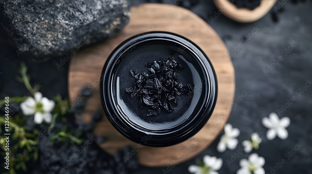 Poster burning black candle flame casting a warm glow on a rustic wooden surface surrounded by natural bota