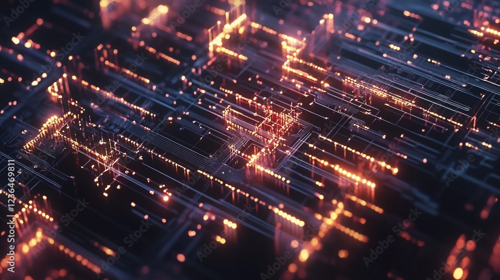 Poster abstract digital circuit board with glowing lights and intricate pathways