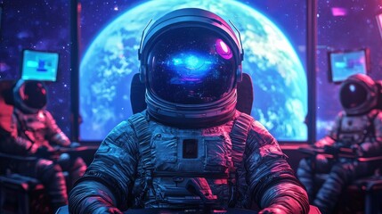 Astronauts Observing Earth from Space with Vibrant Cosmic Background