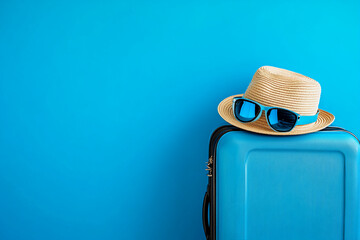 A close-up shot of a blue suitcase with a straw hat and sunglasses resting on top, placed against a bright turquoise background, representing travel, vacation, and summer vibes.
