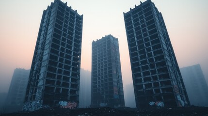 Fototapeta premium Abandoned Concrete Towers in a Foggy Urban Environment