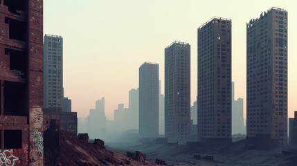 Naklejka premium Abandoned Urban Landscape with Skyscrapers and Fog at Sunrise