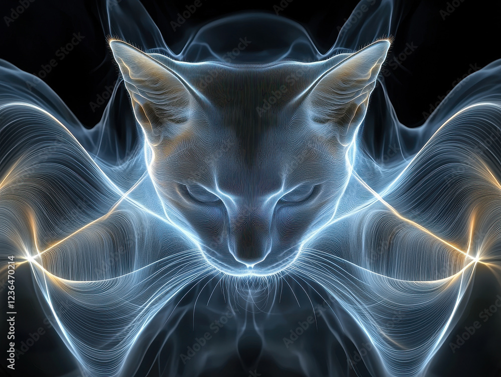 Poster translucent feline appears simultaneously alive and dead amidst glowing probability waves illustrati