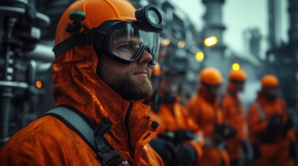 Obraz premium Safety Workers in Protective Gear at Industrial Site During Overcast