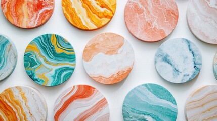 Colorful marble coasters with abstract patterns, handmade for home decor.