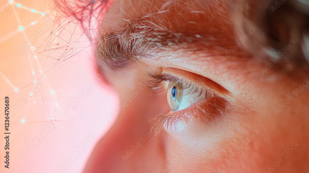 Poster Close up of a man's eye interacting with a futuristic vision technology, showcasing the potential of augmented reality and digital interfaces in enhancing human perception