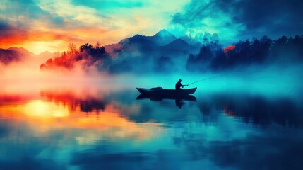 Naklejka premium Tranquil Sunrise Scene with Fisherman on Serene Lake Landscape