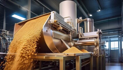 processing of plant based protein with soybeans refined into powder in high tech facility