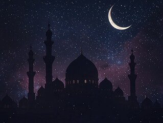 Fototapeta premium Image of a mosque at night with minarets and domes under a starry sky, illuminated by moonlight. The scene is serene and evokes the tranquility of the holy site.