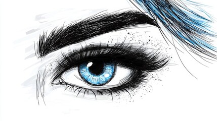 Fototapeta premium a close up of a woman's blue eye with long eyelashes and an eyebrow The eye is painted in a realistic style, with the blue iris and eyelashes standing out against the white background