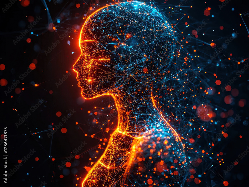 Poster surreal ai-human hybrid figure glowing with digital neural connections in a futuristic setting with 