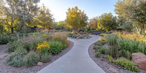 Obraz premium A Serene Stone Pathway Winds Through a Lush Desert Garden Oasis With Blooming Flowers and Cacti.