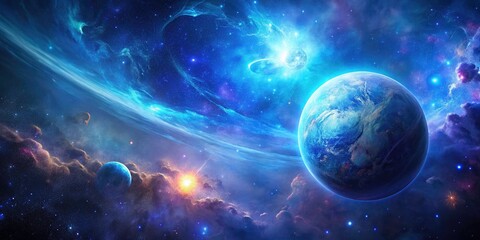 Fototapeta premium A celestial masterpiece: blue planet amidst a cosmic nebula, perfect galaxy wallpaper design.