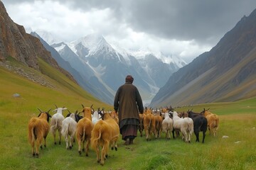 Fototapeta premium Herding goats through a valley with snow-capped mountains on a cloudy day