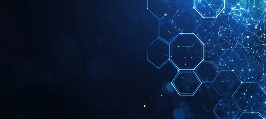 Abstract Futuristic Technology Background With Glowing Blue Hexagon Network And Light Particles