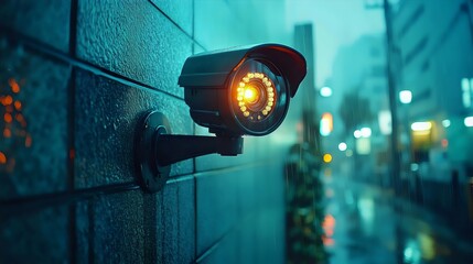 Fototapeta premium A street light is reflected in the camera lens of a security camera