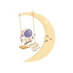 Space illustration. Astronaut sitting on a swing on a moon. Vector simple illustration