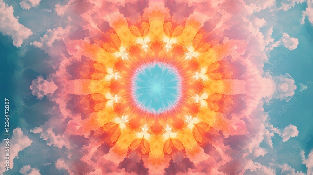 Poster colorful kaleidoscope pattern with warm tones and soft clouds