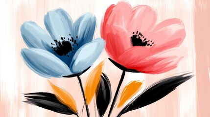 Naklejka premium a painting of two vibrant flowers on a pink background The flowers are painted in a realistic style, with each petal and stem carefully detailed The colors of the