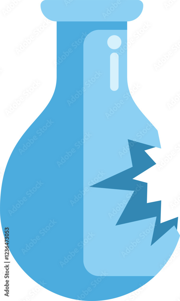Poster blue laboratory flask with broken side representing a failed experiment