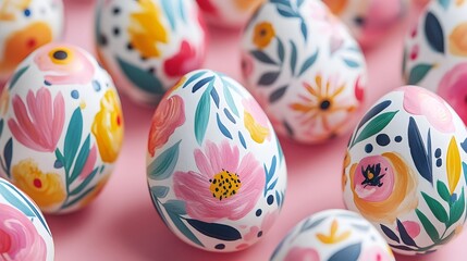Fototapeta premium Closeup of Assortment of Colorful Handpainted Easter Eggs with Intricate Floral and Botanical Designs on a Soft Pink Background Vintage Inspired Crafted Decor for Spring Holiday