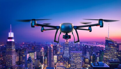 high tech drone soaring over a vibrant city skyline illuminated in blue and purple hues during evening hours