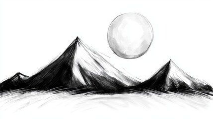  a black and white drawing of a mountain range with a full moon in the sky, set against a white background