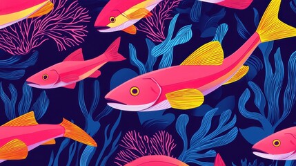 Naklejka premium Vibrant Colorful Fish Swimming in Depths of Coral Reef Illustration
