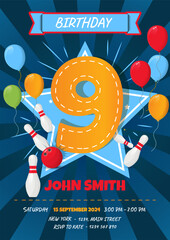Children's 9th Birthday Invitation Card Featuring Bowling Ball and Pins - Vector Illustration