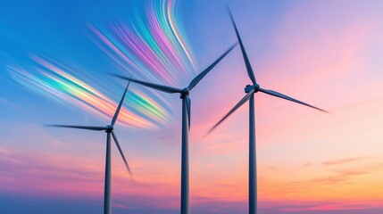 Fototapeta premium Colorful Sky with Wind Turbines at Sunset in Renewable Energy Scene