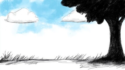  a black and white drawing of a tree in the middle of a field, surrounded by lush green grass and fluffy white clouds in the sky