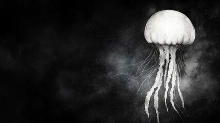  a black and white photo of a jellyfish floating in the dark ocean The jellyfish is illuminated by the light of the moon, creating a beautiful contrast between the
