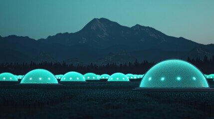 Futuristic Landscape with Glowing Domes and Majestic Mountains