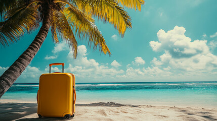 Fototapeta premium Yellow suitcase on the beach under a palm tree with the ocean and sky in the background, symbolizing a tropical vacation, travel, and relaxation.