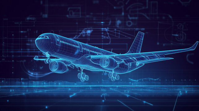Wireframe aircraft ascending through digital terrain, showcasing technological advancement and data-driven aviation transformation