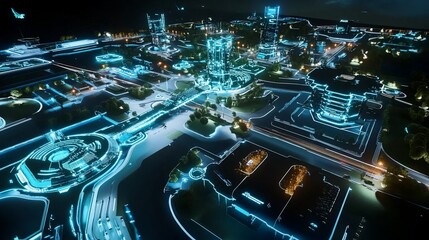 Futuristic city at night with glowing outlines and smooth surfaces, rendered in digital art style