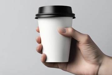Hand holding a white disposable coffee cup with a black lid against a gray background.