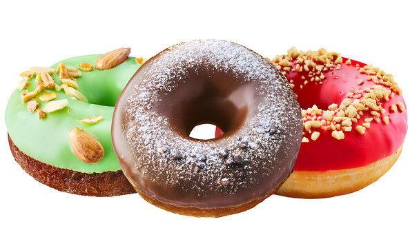 Chocolate, strawberry and matcha donuts with sprinkled with sugar and nuts looks on transparent background. Suitable for fnb business.