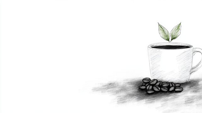  a cup of coffee with coffee beans spilling out of it and a plant growing out of the top of the cup The cup is filled with a dark liquid, likely coffee, and the bea