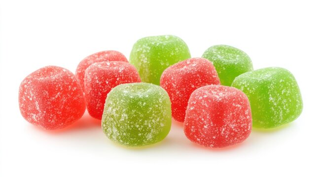 Close-up of red and green sugared gumdrops on white background.