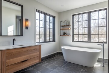 Modern bathroom with freestanding tub, wood vanity, and large windows.