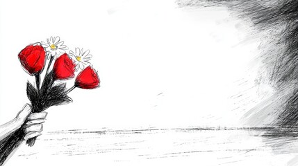   a person's hand holding a bouquet of red tulips and daisies against a white background