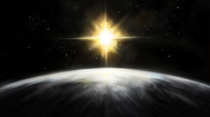  the sun shining brightly over the earth in a dark background, with stars twinkling in the night sky