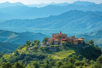 Fototapeta premium Stunning mountain monastery set in lush landscape with distant peaks in clear daylight