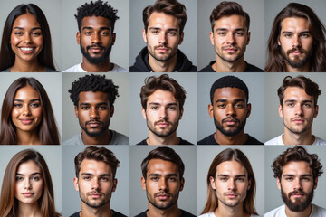 diverse group of 12 individuals in 3x4 grid neutral backgrounds