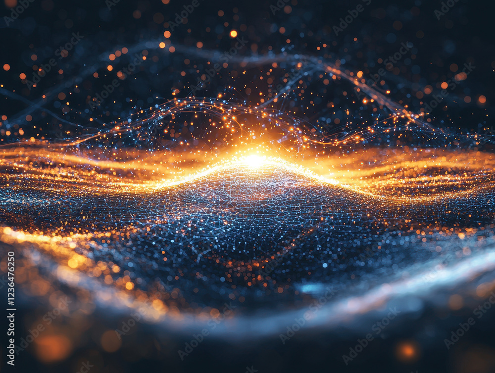 Poster representation of quantum mechanics showcases glowing particles in superposition with symmetrical en