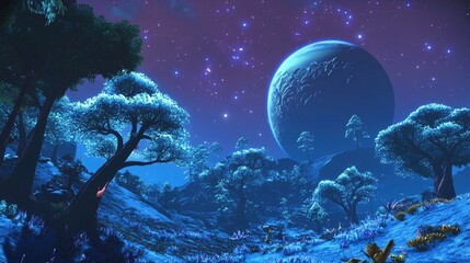 Alien planet landscape, glowing trees, night sky, large moon, fantasy world, game background