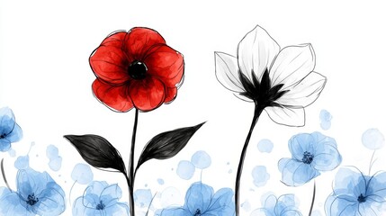  a painting of two red and white flowers with blue petals against a white background The flowers have stems and leaves, and the petals are painted in a realistic st