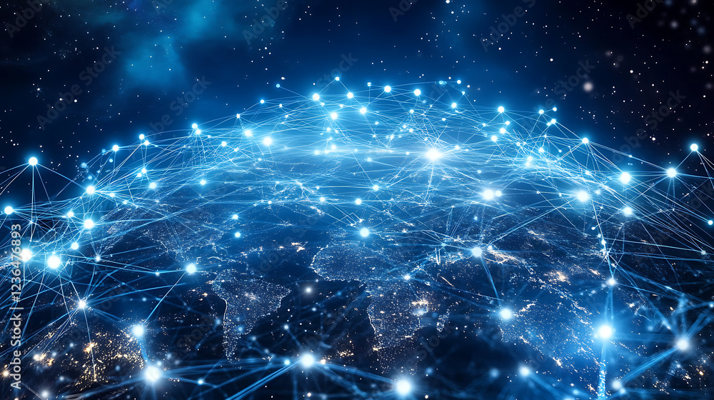 Poster a vibrant, digital representation of a global network with interconnected nodes, symbolizing technol